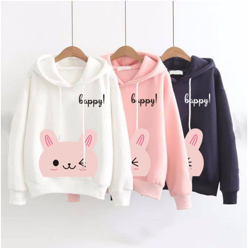 Modisfashion Sweater Hoodie Wanita Lengan Panjang Happy Bunny Babyterry Shopee Indonesia