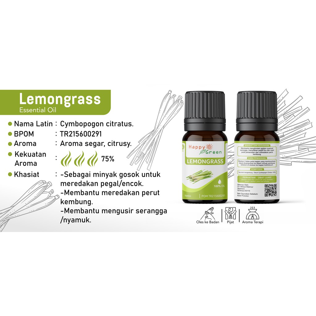 BPOM Happy Green Lemongrass Essential Oil - Minyak Sereh Dapur 100% Pure Murni Garansi Uang Kembali