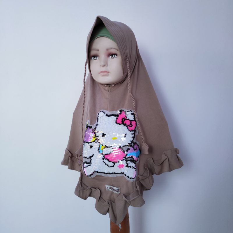 Jilbab Anak Hellokitty 4 5 6 7 8 tahun rempel fanta merah hitam ( jilbab  HK rumpa )