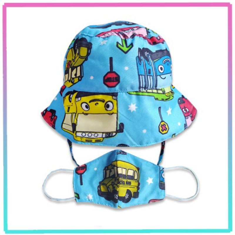 Bucket Hat Kids Free Masker Motif Topi Anak Karakter Dengan Tali 3 4 5 tahun