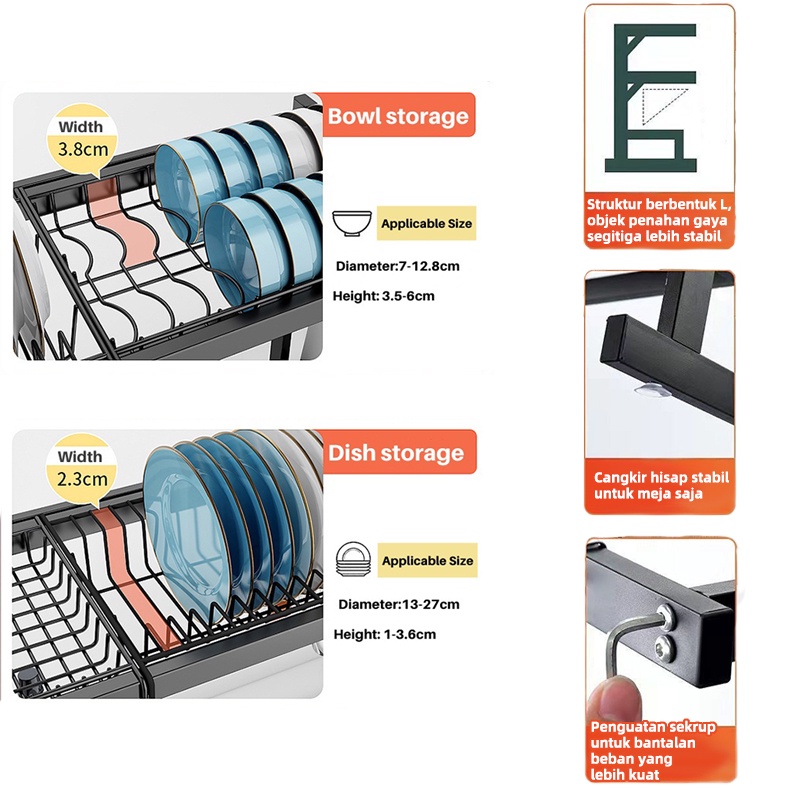 POTE Dapur Rak Piring Anti Karat Hitam / Rak Piring / Rak Wastafel Peralatan Dapur Kokoh Modern/Rak Piring Wastafel