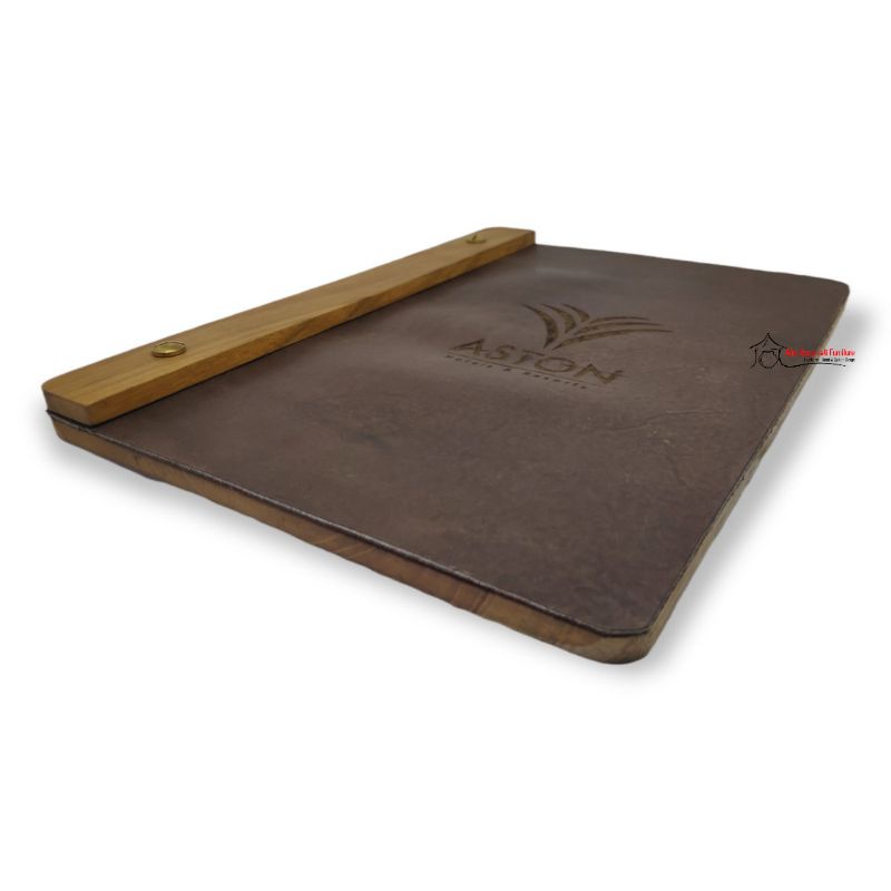 Menu Board Kayu Jati A4 Kombinasi Kulit Asli, Papan Menu Kayu