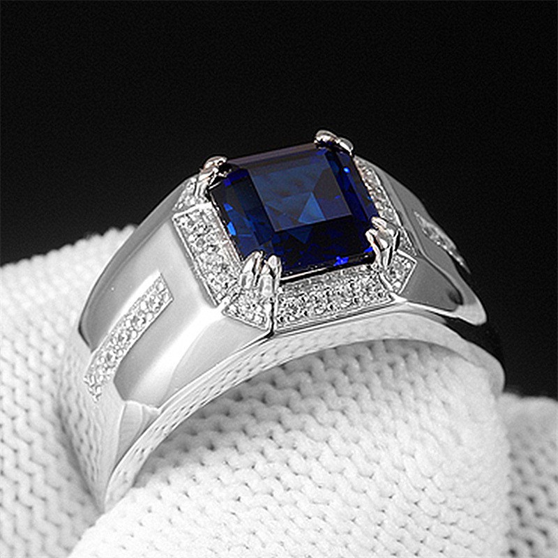 Cincin Emas Putih Fashion Pria Cincin Tunangan Batu Permata Biru Putih