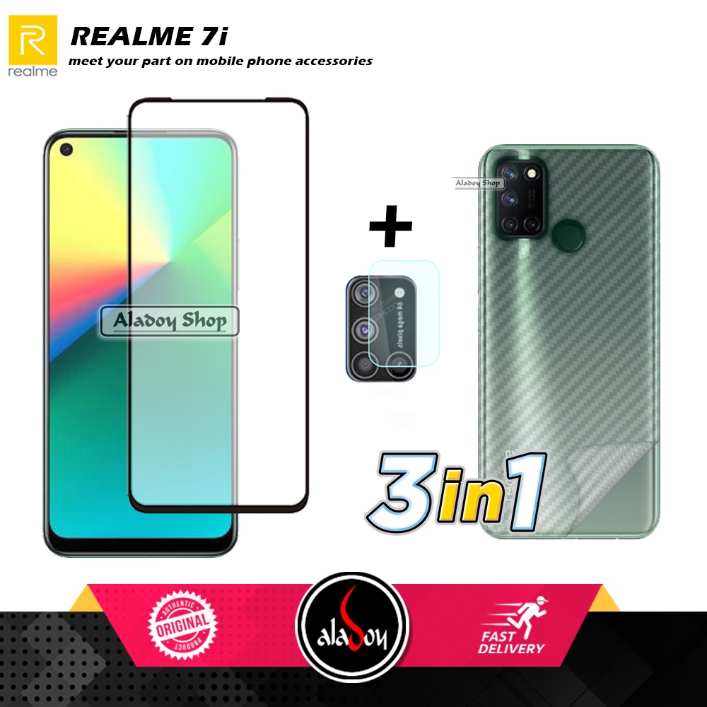 PAKET 3 IN 1 Tempered Glass Layar Realme 7i Free Tempered Glass Camera dan Skin Carbon