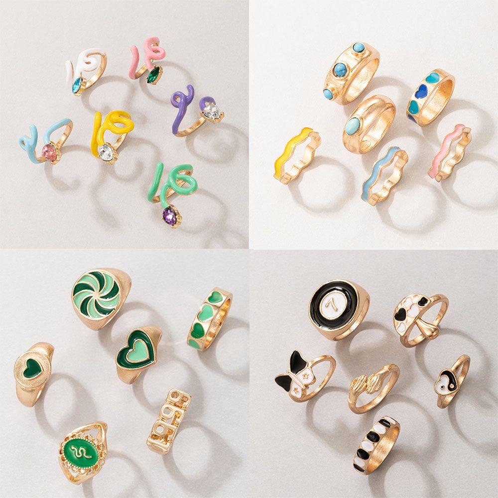 Nanas 6 Pcs Pembukaan Cincin Logam Pernikahan Pertunangan Fashion Wanita Bunga Cinta Hati Tai Chi Vintage Enamel Ring