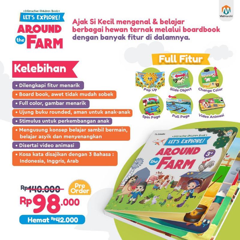 Boardbook Balita Anak Hard Cover Buku Cerita Bergambar Seri Mengenal Hewan Bilingual Full Colour Lets Eexplore Around The Farm Ziyad-4