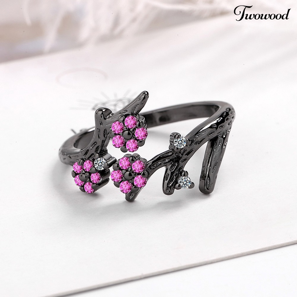 Twowood Adjustable Ring Open End Copper Blooming Plum Flower Rhinestone Ring for Daily Wear