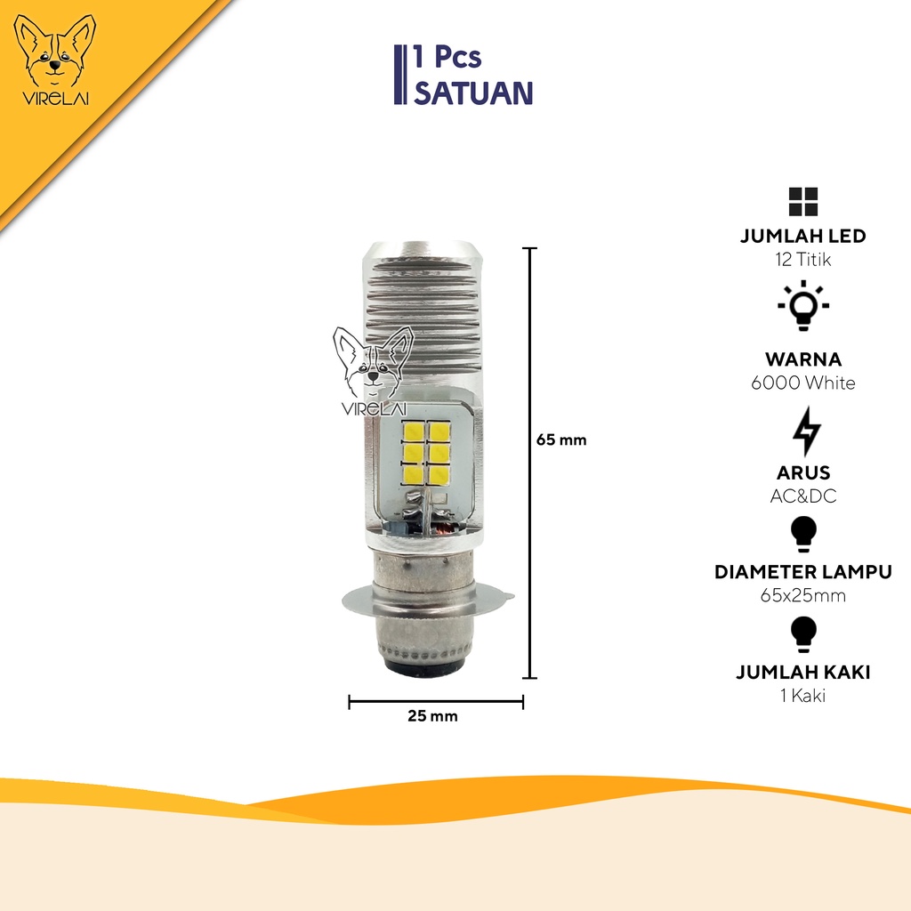 Lampu Depan LED Motor T19/H6 AC DC 12 Titik Kaki 1 [IMPACT]