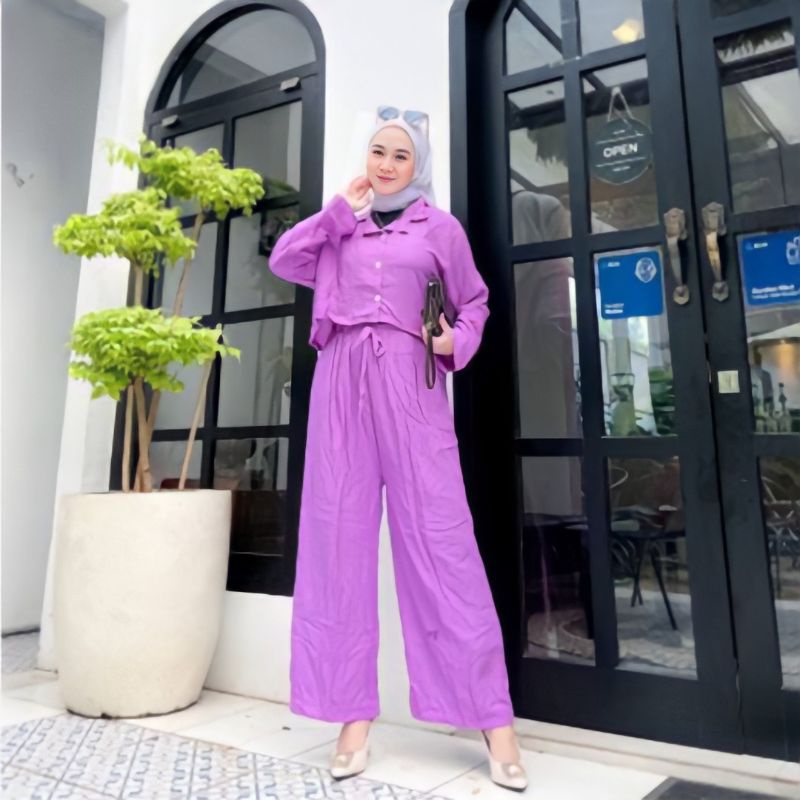 One Set Wanita Kemeja Crop Celana Kulot Rayon Premium Setelan Wanita Lengan Panjang Set Kemeja Celana Kekinian LD 110cm