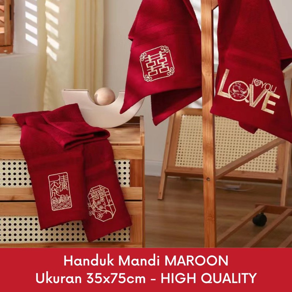 SEPASANG Handuk MAROON tema Wedding Dengan Bordir Shuang Xi Bahan COTTON BAMBOO (TANPA BOX)