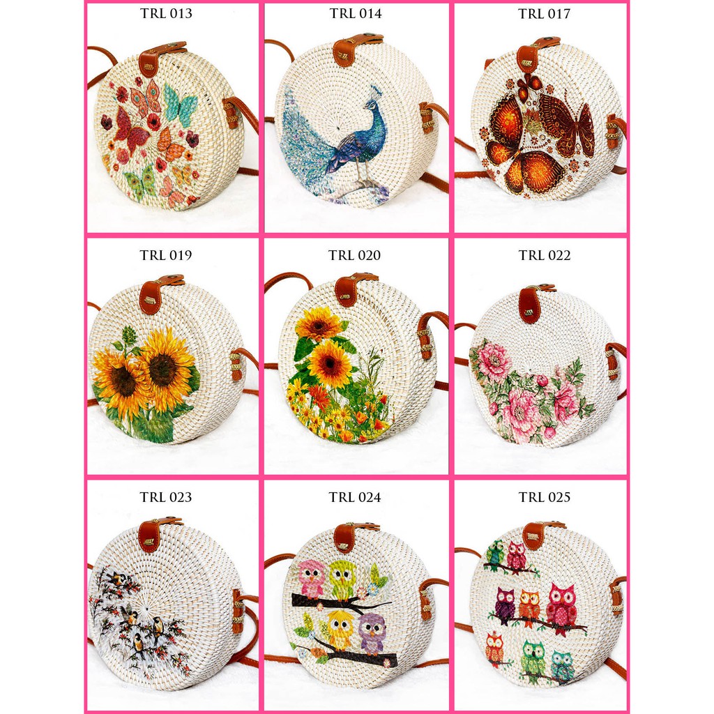 Sweet Honey - Grosir Tas Rotan Selempang Bulat Bali Bulat Lukis Diameter 15cm dan 20cm Banyak Pilihan Motif