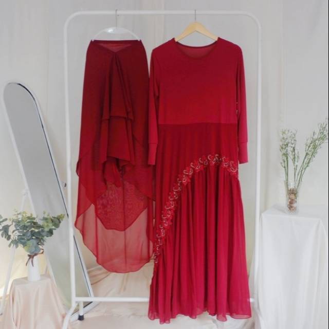 Gamis Kombinasi Jersey dan Shifon - Gamis merah marun