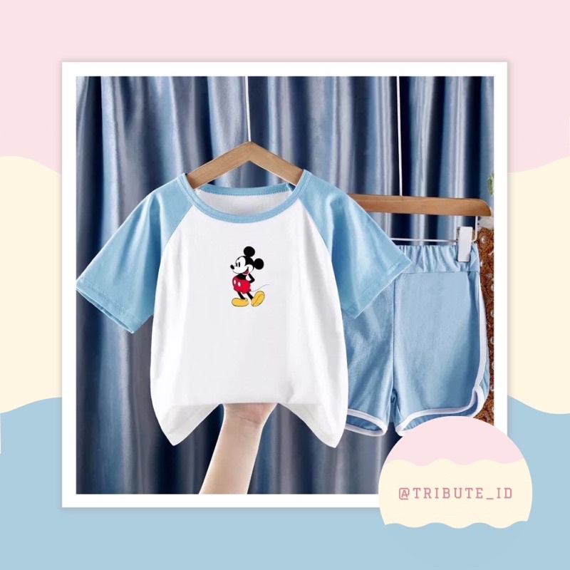 Setelan Set Kaos Anak Motif Mickey Mouse Biru Putih