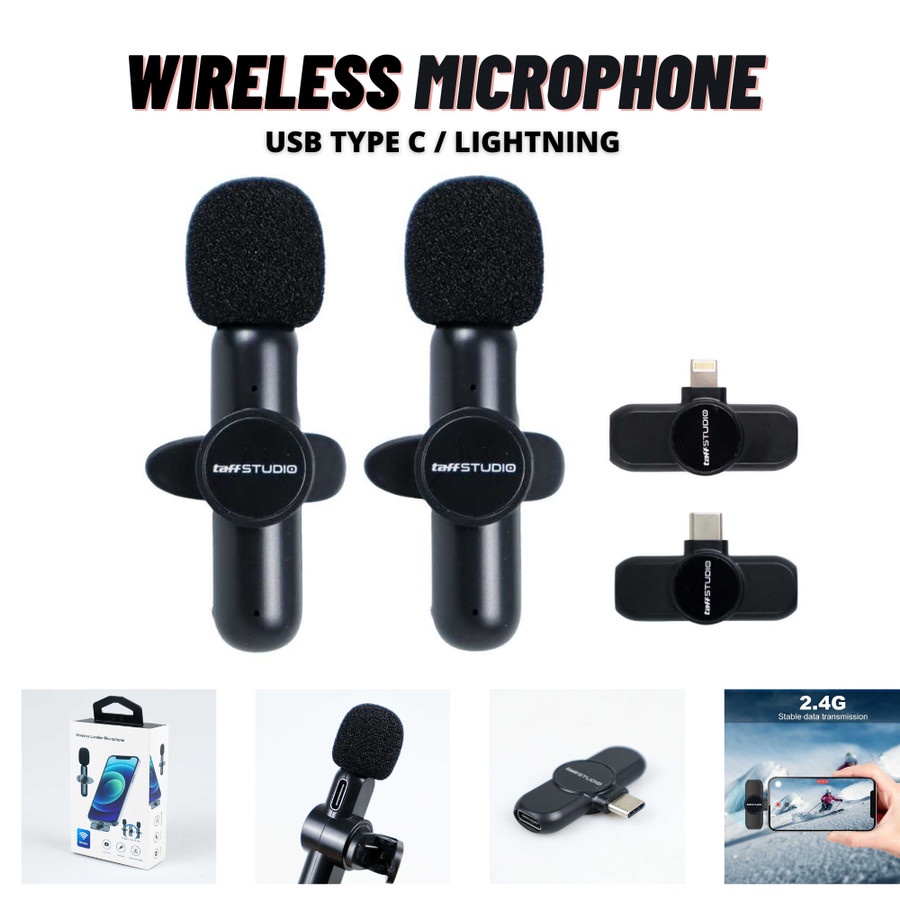 TAFFSTUDIO Mic Clip On Wireless Dual Dua Microphone Bluetooth Vlogger Youtuber Podcast For Type C / Lightning