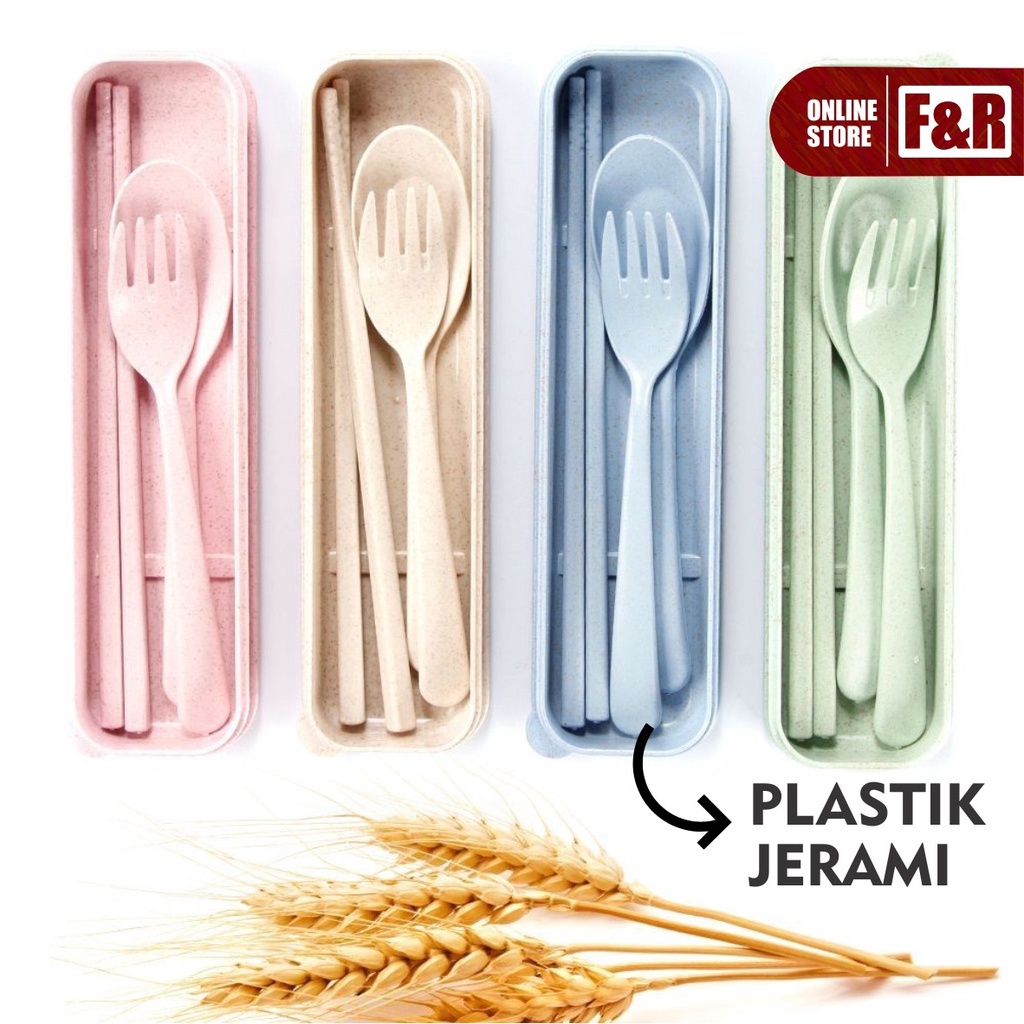 1 Set Alat Makan Sendok Garpu Sumpit + Box Plastik Jerami Wheat Straw Portable Travel Cutlery