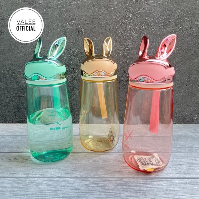 BOTOL MINUM ANAK BENING TUTUP KARAKTER RABBIT DENGAN TALI PENDEK/IMPORT 600 ML BPA FREE