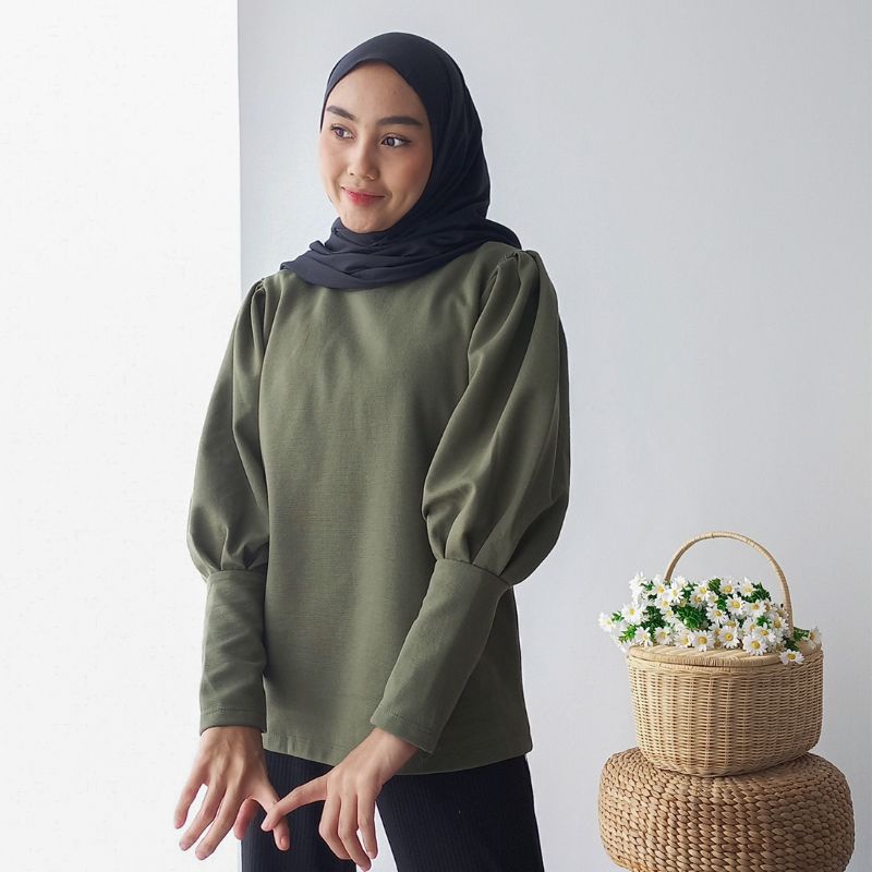 Isla Nerea Top Basic - Blouse Wanita Lengan Balon - Textured Cotton-5