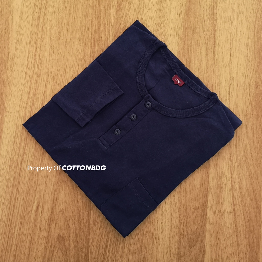 KAOS SAKU KANCING PRIA POLOS WARNA NAVY BLUE HENLEY TANGAN PANJANG UKURAN S-XL BAHAN COTTON COMBED 30S ORGINAL