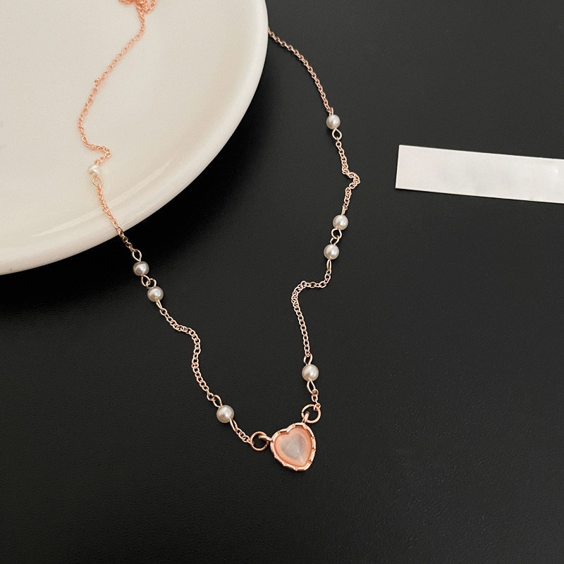 Kalung Rantai Desain Hati Warna Pink Aksen Mutiara Untuk Wanita