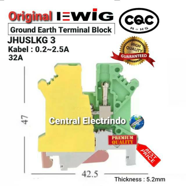 JHUSLKG 3 Terminal Block Ground Earth (0.2~2.5mm) Din Rail EWIG.