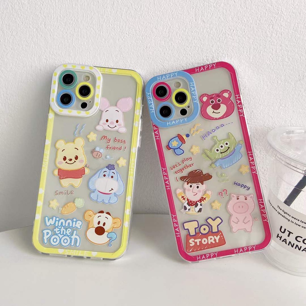 【Ready Stock】Lovely Winnie The Pooh Frame Clear Phone Case for iPhone 14 13 12 Pro Max 11 Pro SE 2020 XR XS MAX iPhone 7 Plus 8 Plus 6S Plus Dual Lens Protector Dual Frame Soft TPU Back Cover