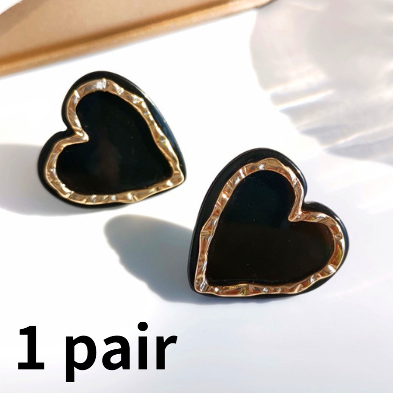 Anting Stud Enamel Bentuk Hati Warna Hitam Gaya Korea Untuk Wanita