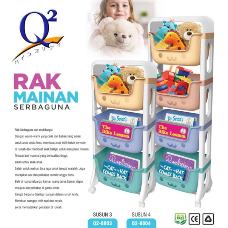 Rak Susun 4 Tingkat Mainan Anak Merek Q2 8804 8803 Serbaguna Ada Roda Bahan Plastik Bagus