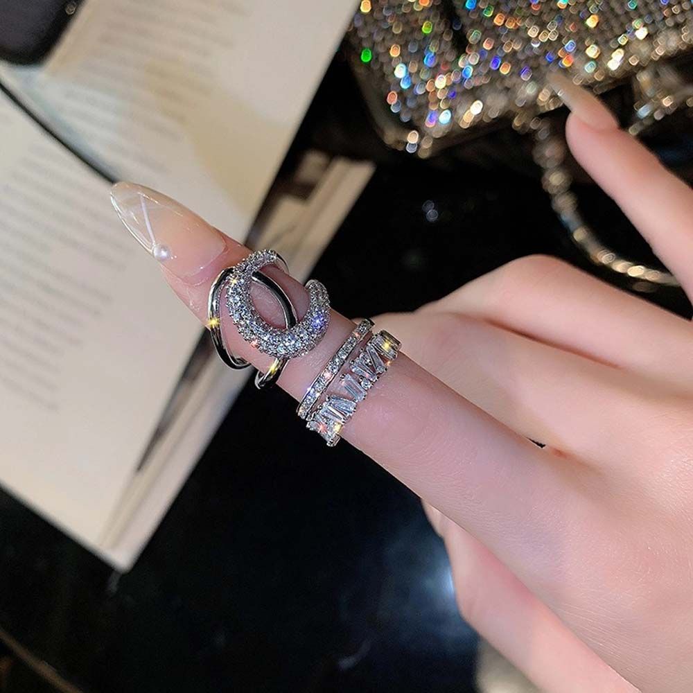 Cincin Zircon Berlian Imitasi Bentuk Lingkaran Ganda Tidak Teratur Gaya Korea Untuk Wanita