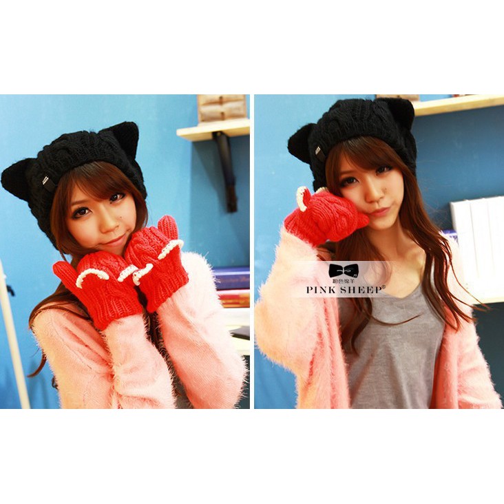 TKCA topi kupluk rajut knit kuping kucing cat nekomimi musim dingin winter korea jepang kpop idol