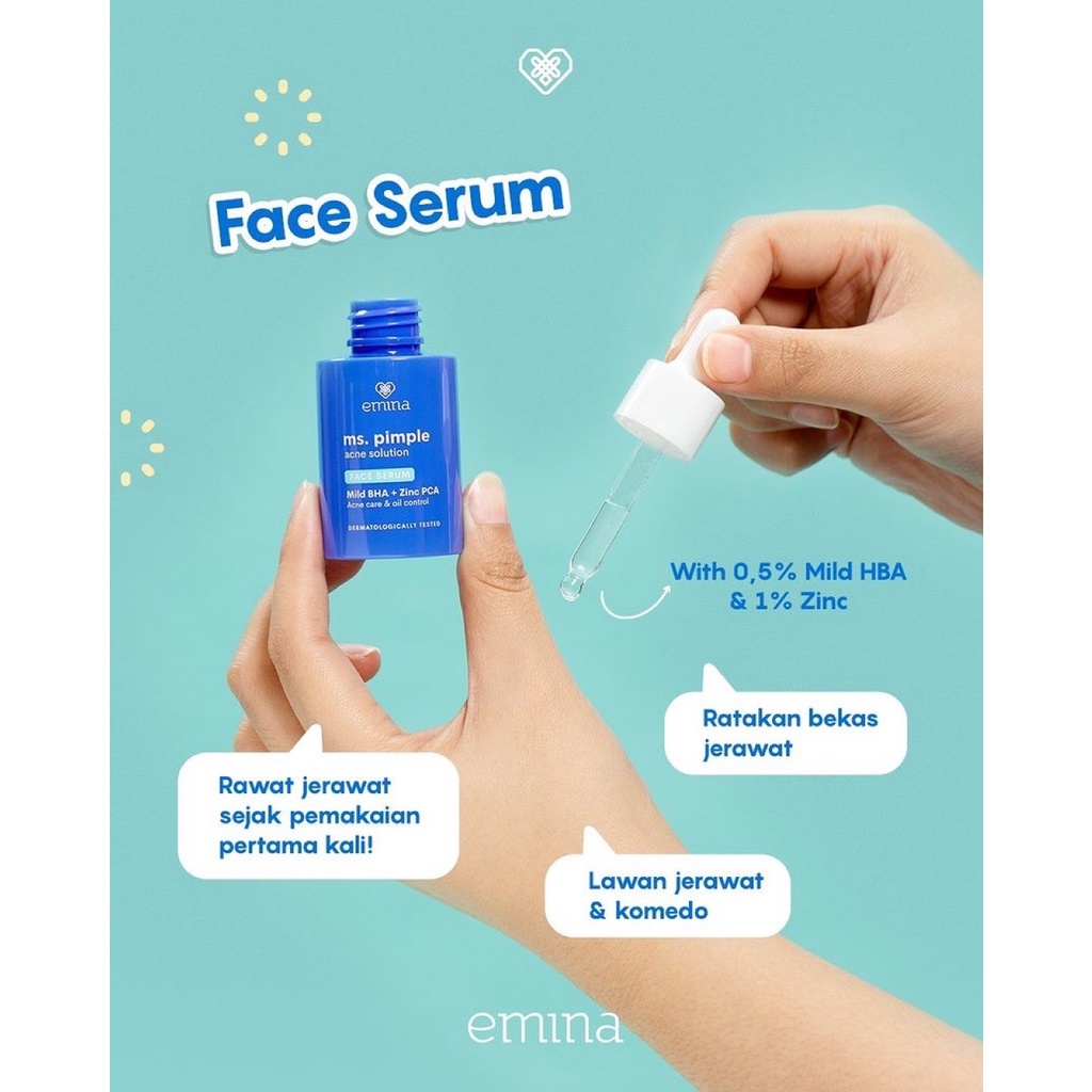 EMINA Ms. Pimple Acne Solution Series Indonesia / Facial Wash Face Scrub Micellar Water Essence Toner Mist Serum Day Night Eye Cream Sunscreen Sheet Clay Mask Masker Moisturizing Lip Tint Matte Gloss / Bright Stuff Sun Protection Battle Spf Gel Paket Glow