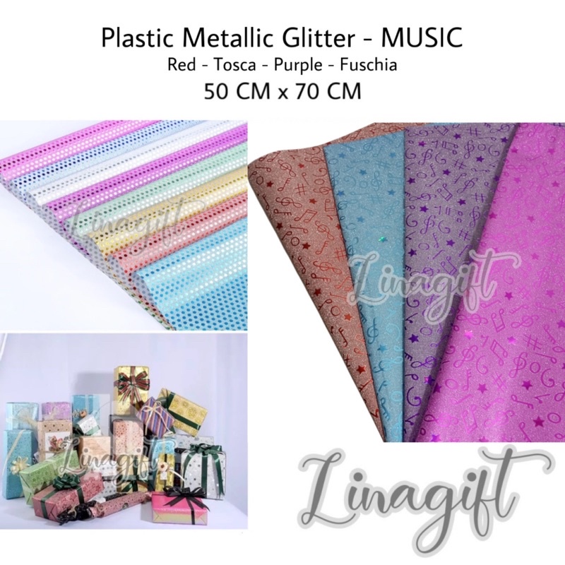 ( 3 Lembar ) PLASTIC METALLIC GLITTER MUSIC - PLASTIK KADO METALIK GLITER PASIR SHINY MENGKILAP NADA BLOK NOT TANGGA MUSIK PINK PURPLE EUSTHATIC VINTAGE CLASSIC