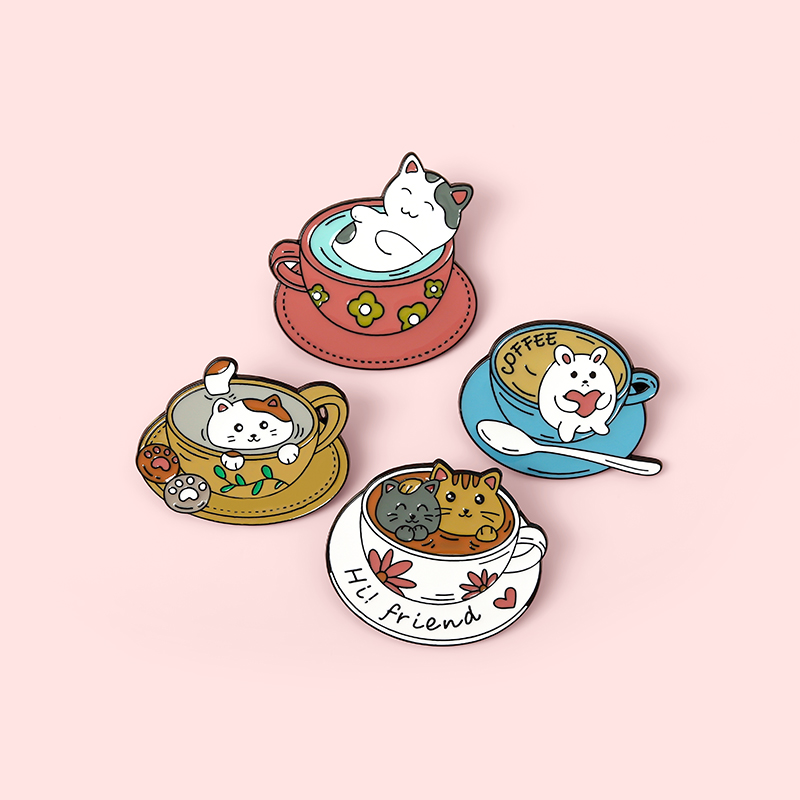 Bros Pin Enamel Bentuk Kucing Cangkir Kopi Untuk Hadiah Anak