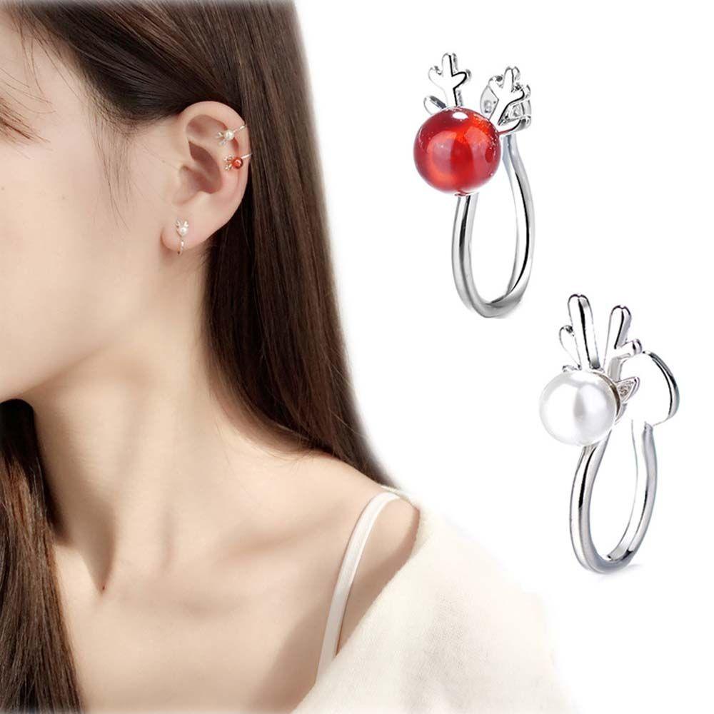 Mxbeauty Anting Klip Bentuk Rusa Aksen Mutiara Warna Silver Gaya Korea Untuk Wanita
