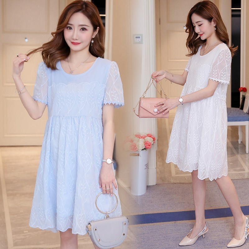 Dress Midi Model Longgar Gaya Korea Bahan Sifon Aksen Renda untuk Wanita Hamil