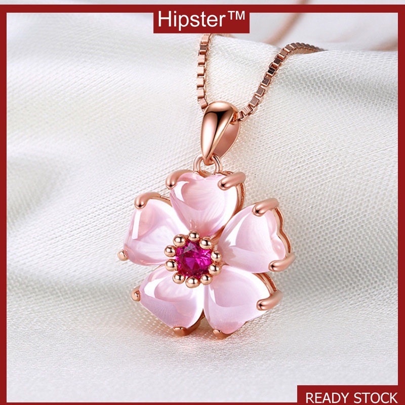 Light Luxury Socialite Style Pink Crystal Peach Blossom Pendant Rose Gold Necklace