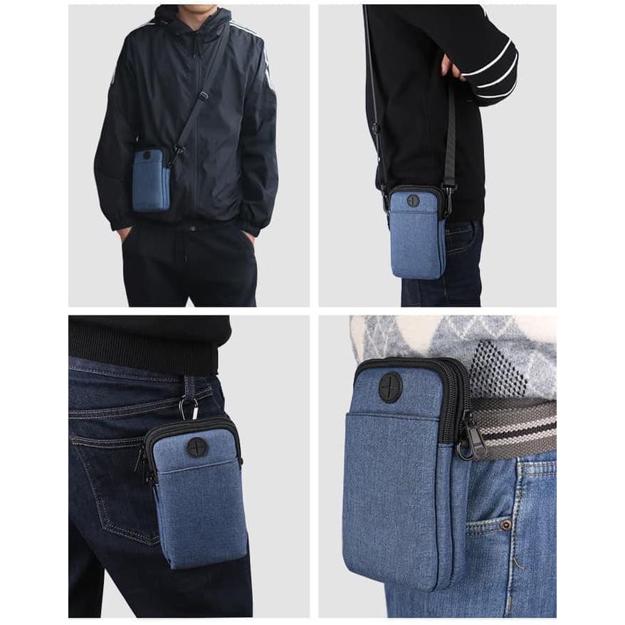 -SIAP KIRIM- TAS SELEMPANG KECIL DENIM COWOK WAIST BAG TAS PINGGANG HP PRIA F222 - ABU COKLAT