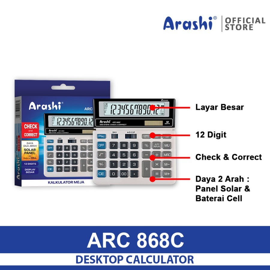 Arashi ARC 868C kalkulator meja 12 Digit / Check and Correct