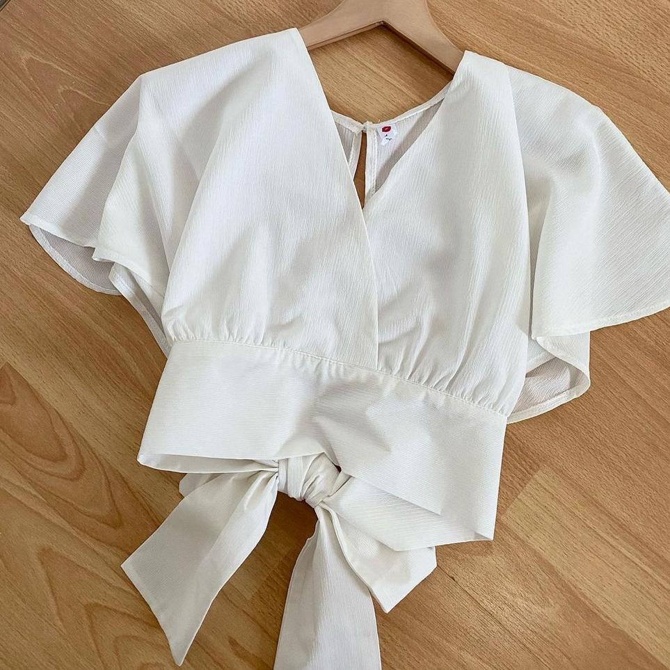 Terpercaya Vallina Outfit - Femei Outer Blouse Slit Back Self Tie Wrap Crop Top Atasan Wanita Korean
