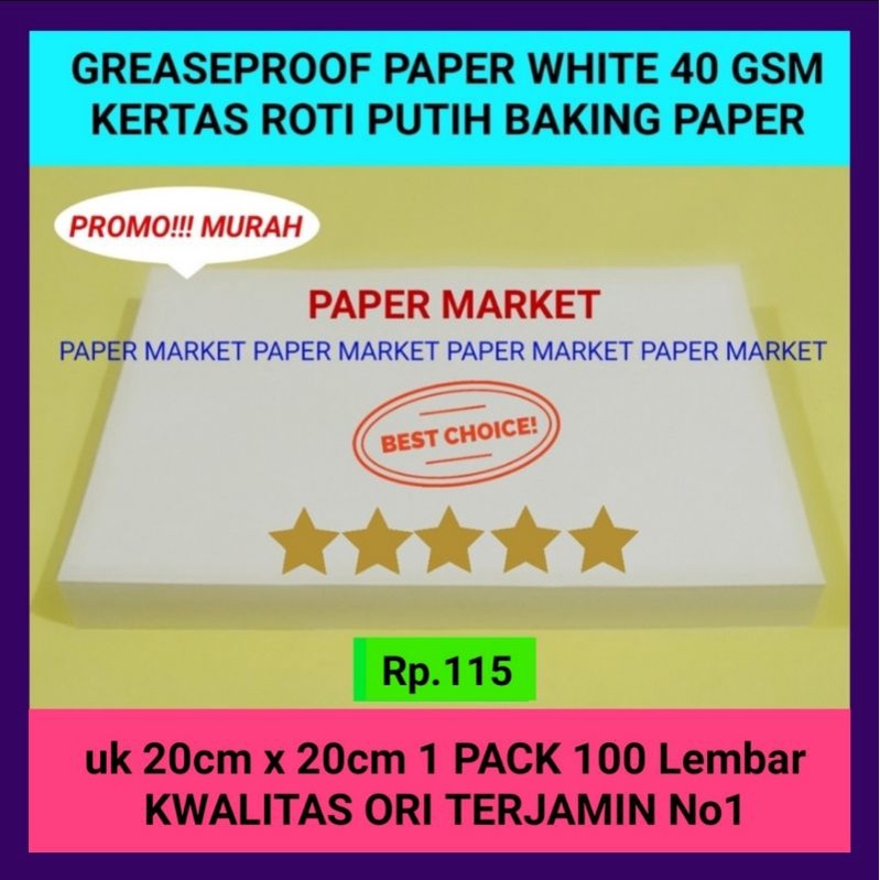 

KERTAS ROTI PUTIH GREASEPROOF PAPER WHITE 40 GSM uk 20x20cm 1 PACK 100 lembar .