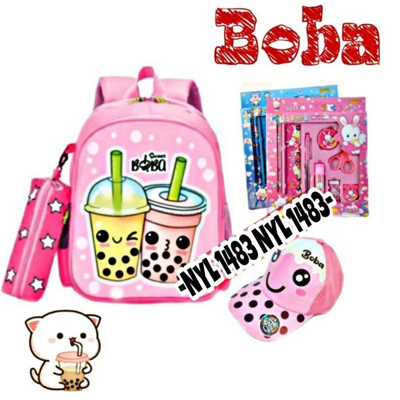 COD/ Tas BOBA 3 in1/ Tas Ransel Anak Sekolah TK -SD/ Free Tempat pensil+ Topi Boba dan Alat tulis anak murah