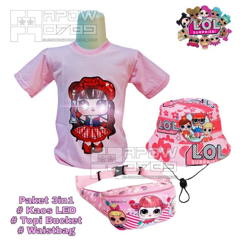 PDF new baju anak perempuan paket 3in1 kaos LED LOL anak perempuan dengan topi bucket dan topi  LED