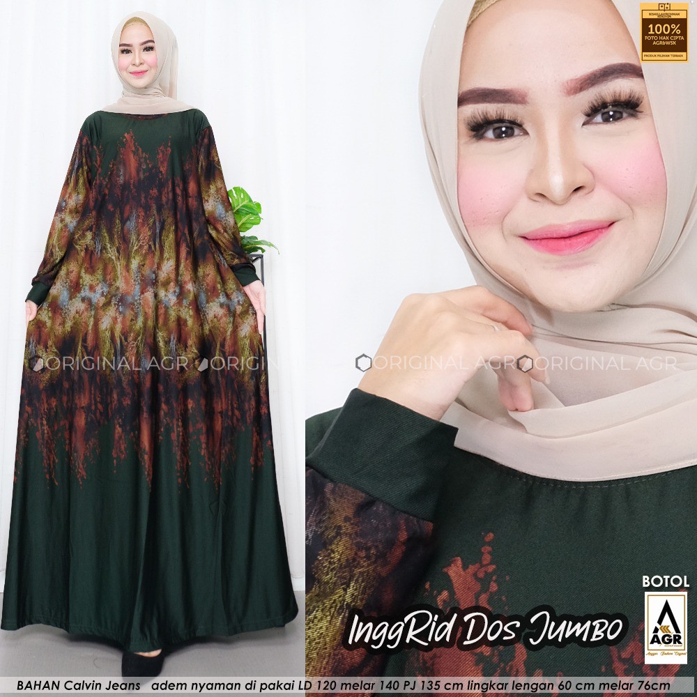 best saller // Inggrid Dos Jumbo // dres maxy // kekinian // terbaru // gamis motif // bahan calvin jeans