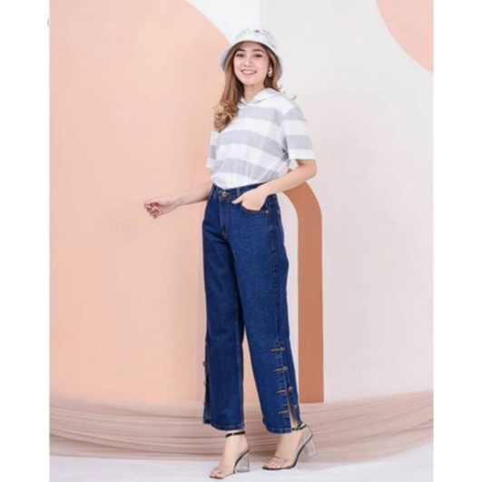 Hopylovy Celana Boyfriend Jeans Wanita Kancing Samping | Celana Baggy Jeans Wanita | Boy Friend Jeans BF Cintami