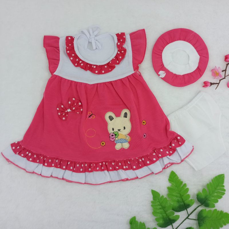 [Ss-1035] Dress Bayi Newborn 0-9bulan Free Topi, Pakaian Bayi, Setelan Bayi Perempuan