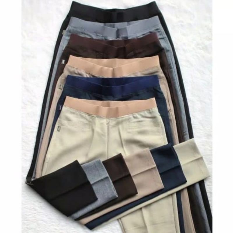 Celana kantor wanita pinggang karet kain import premium