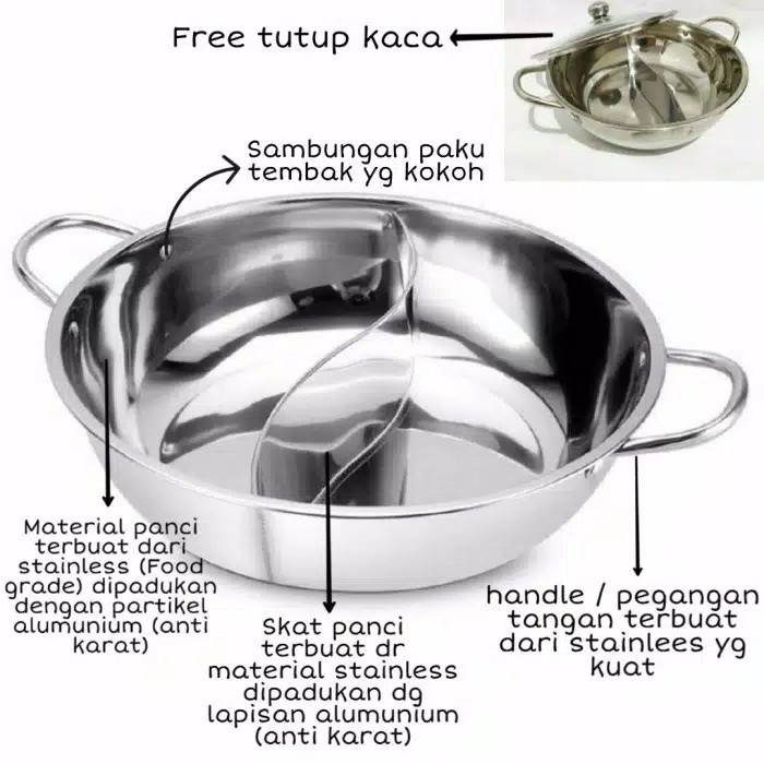 Panci Shabu 28 30 Cm Tutup Kaca Panci Sekat Hotpot Steamboat Stainless