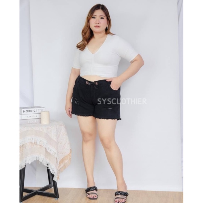 CELANA JEANS WANITA RUBBER BLACK  RIPPED SHORT