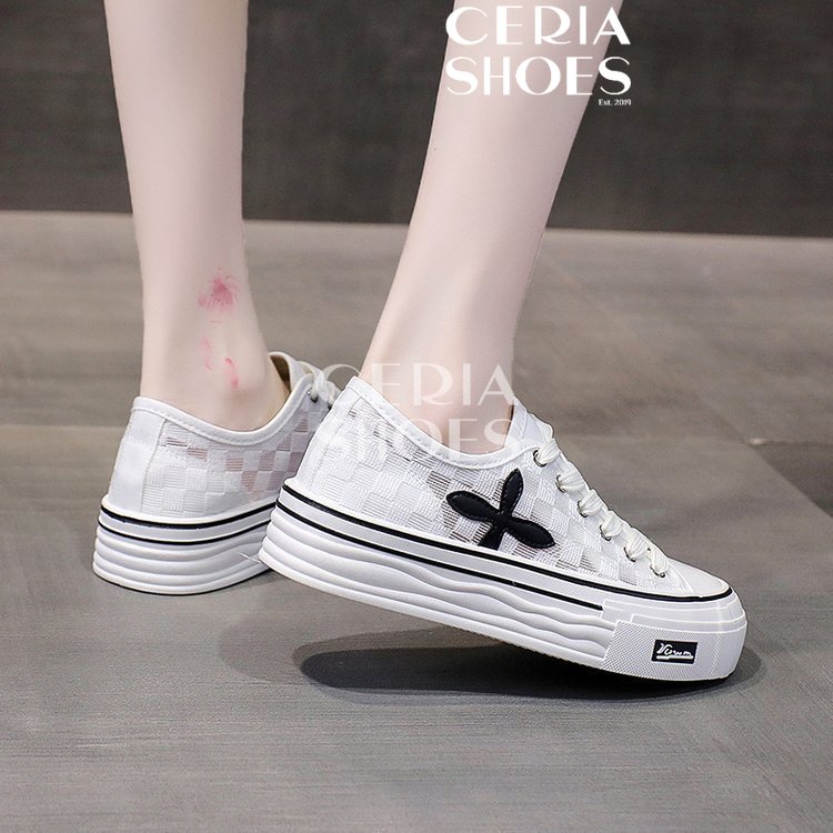 PVC Sepatu Sneakers Korean Wanita Import Sol Tinggi Ringan Breathable Sol Rubber Tebal Non-Slip Tinggi 6 Cm Leaf Pattern