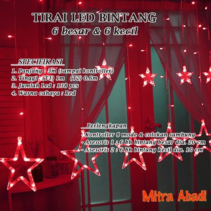 Lampu Natal Tirai LED Bintang 138 LED Panjang 3 Meter