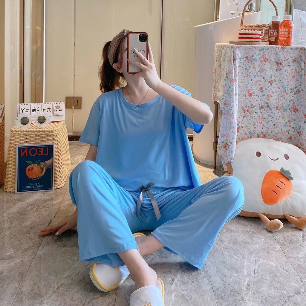 Piyama Baju Tidur Import Sleepwear Lengan Pendek Celana Panjang Motif Stelan Rumah Oversize Premium-CPP-Biru Muda